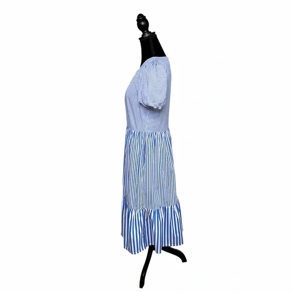 J. Crew Poplin Puff Sleeve Blue Striped Tiered Midi Ruffle Dress Size 4 GUC! - Picture 2 of 16